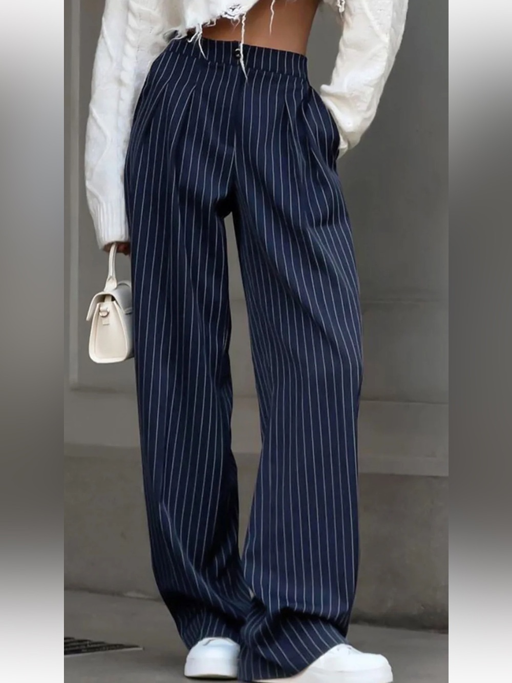 Commense Navy Pinstripe Wide-Leg Trousers